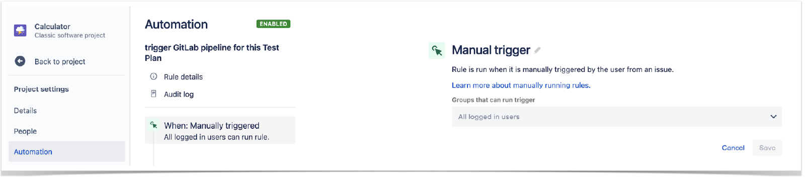 Crear una regla nueva en la configuración de Jira, en Automation