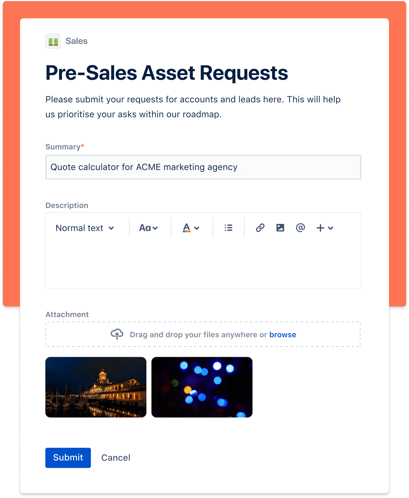 Pre-sales asset request screenshot