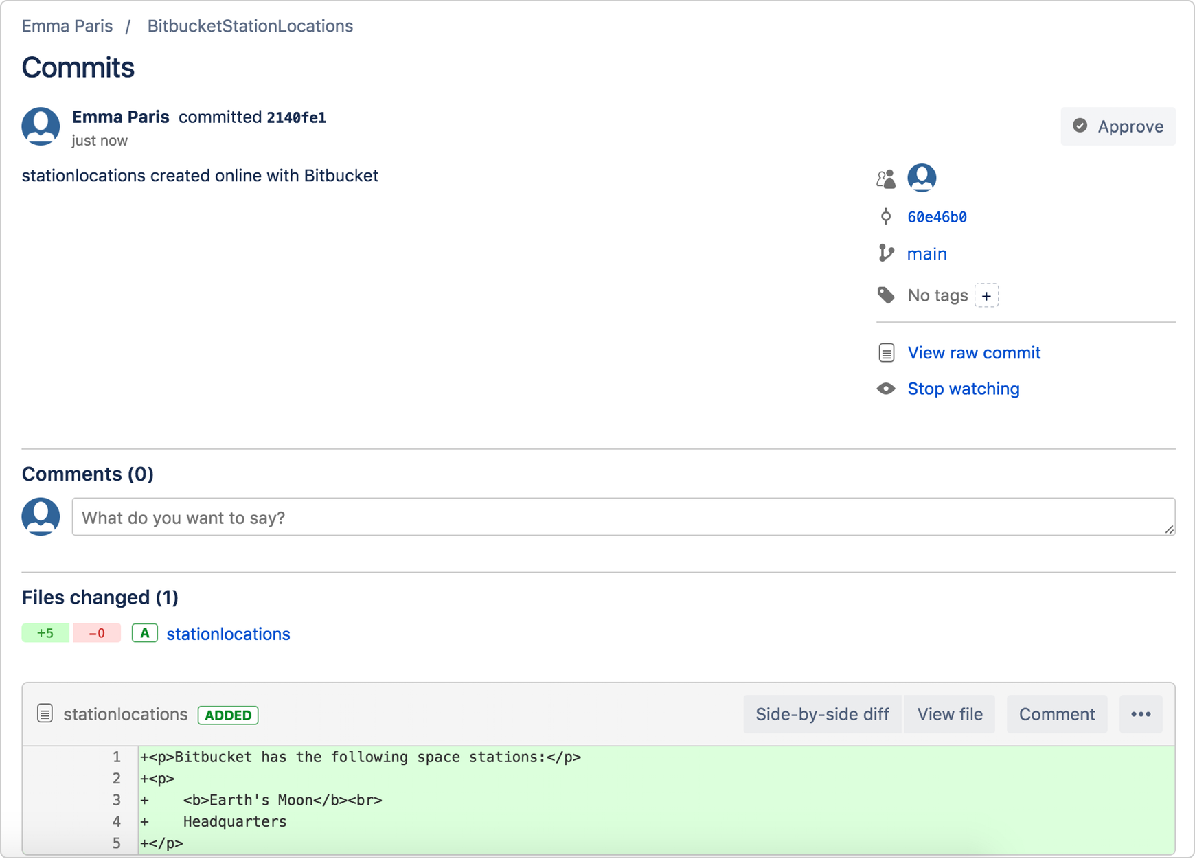Page with details of commit in Bitbucket
