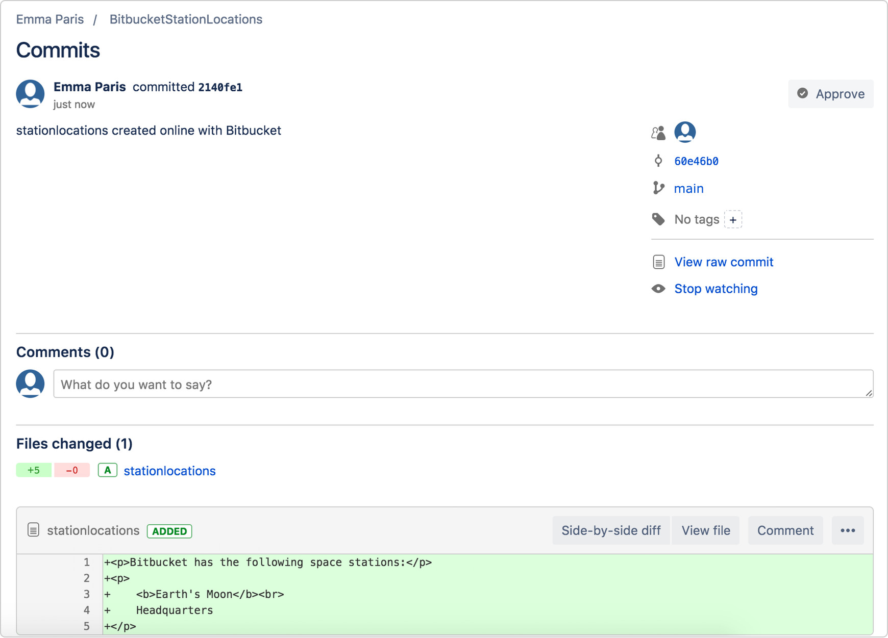 Pagina con i dettagli del commit in Bitbucket