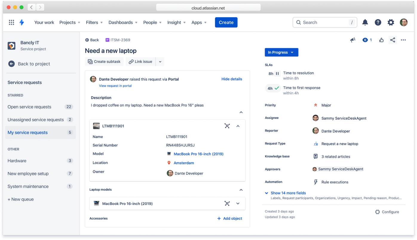 Example of a linked ticket in an issue in Jira Service Management.