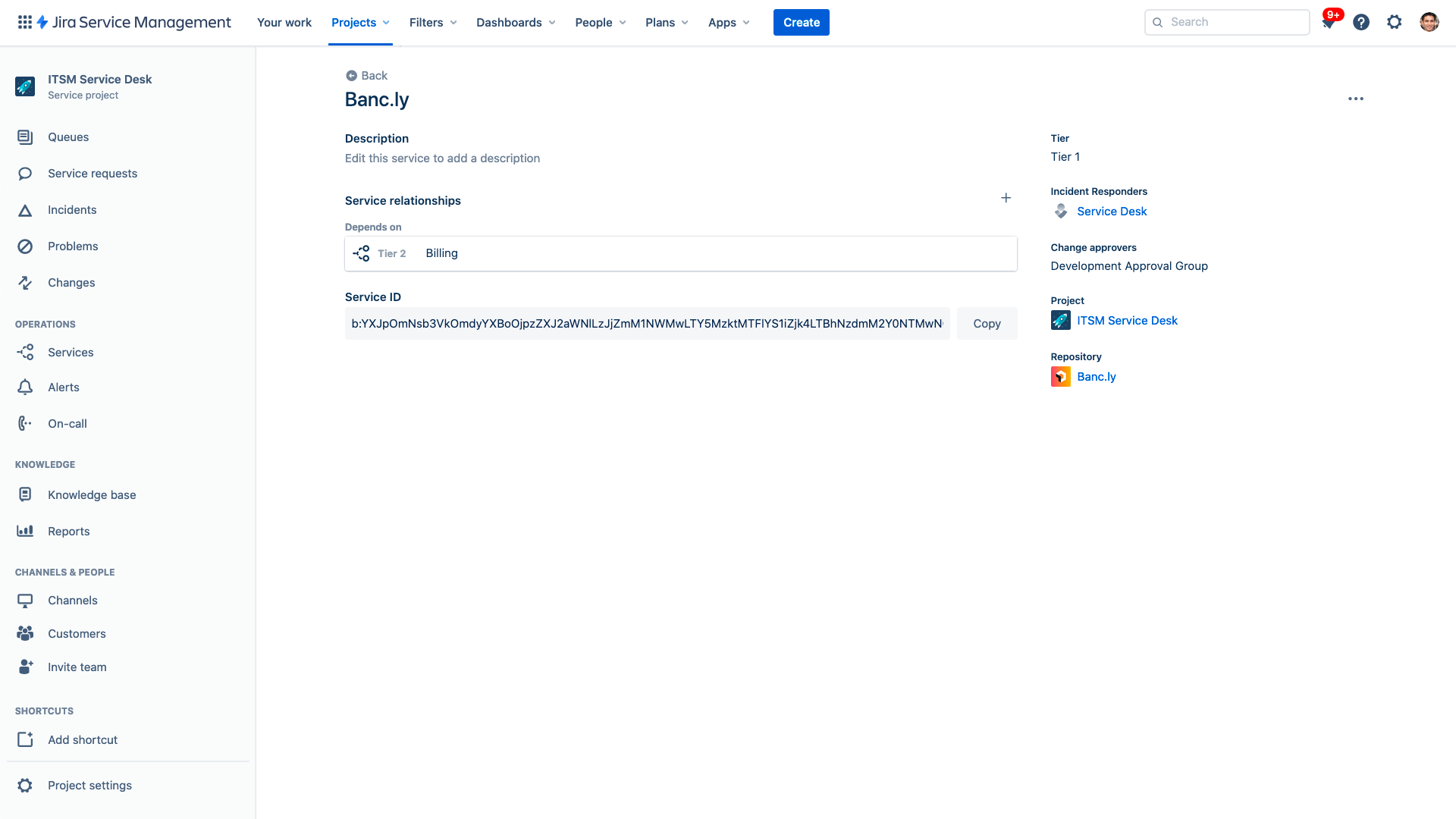 Registre des services dans Jira Service Management