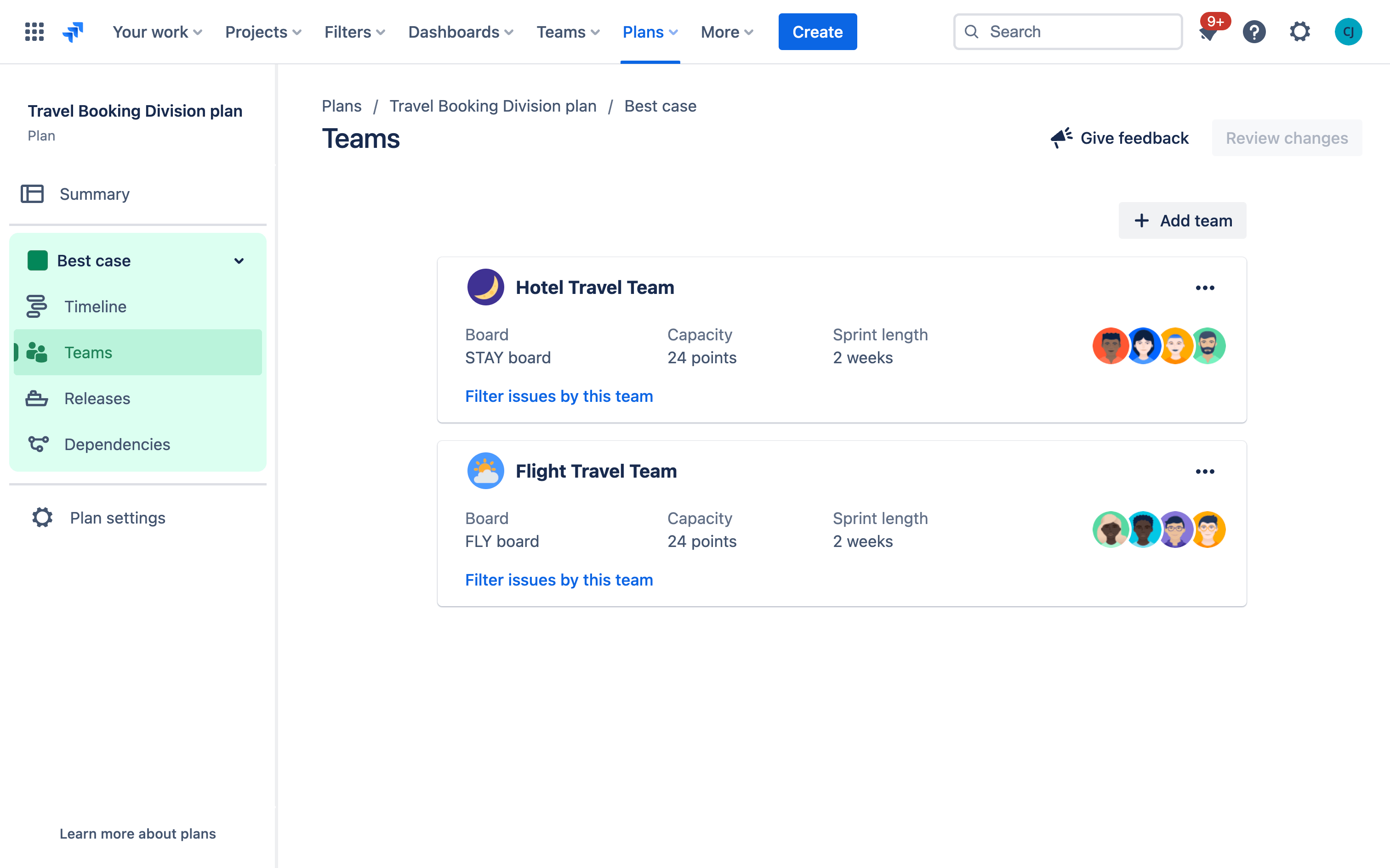 teams in advanced roadmaps