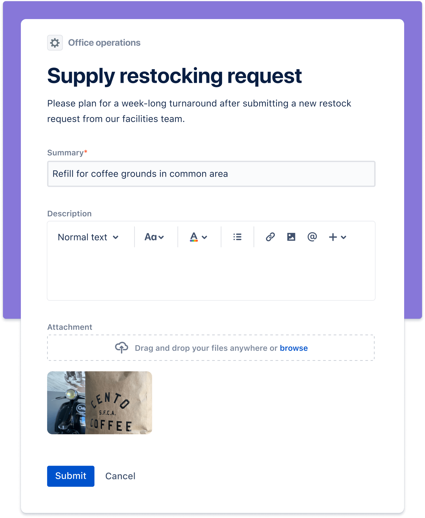 Captura de tela de solicitação de reabastecimento de suprimentos