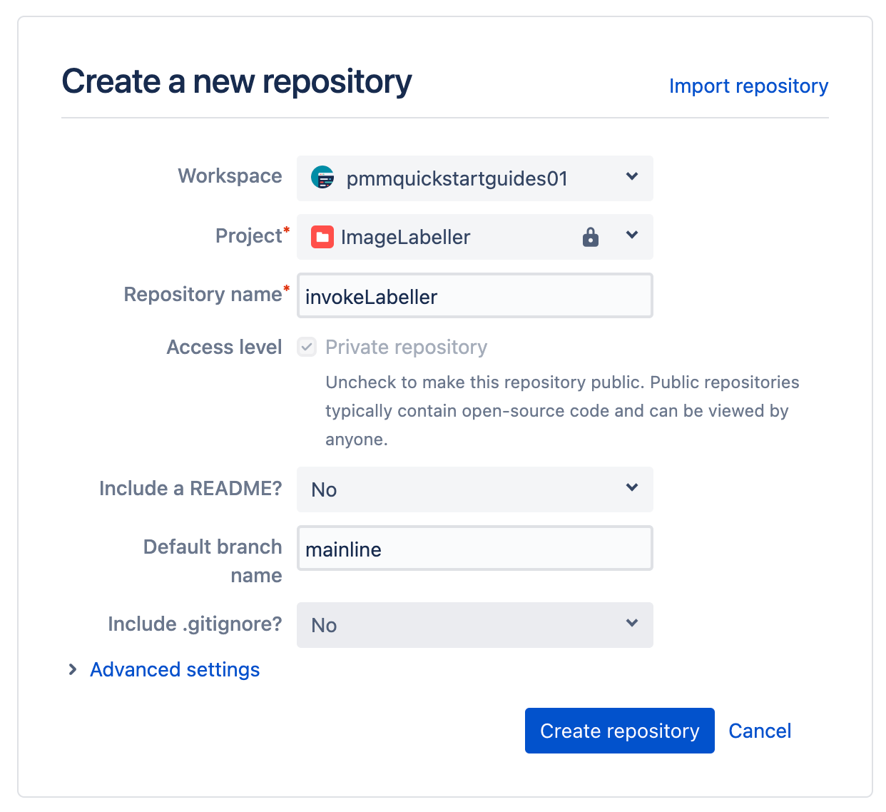 Maak een invokelabeller-repository aan in Bitbucket