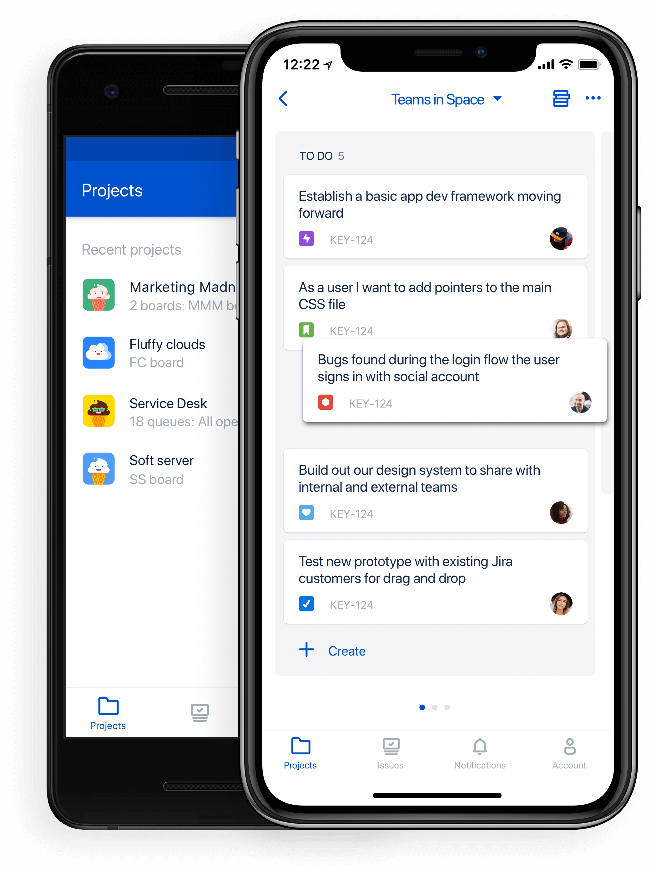 Capture d'écran du produit Jira Cloud mobile sur un appareil mobile, affichant la liste des projets