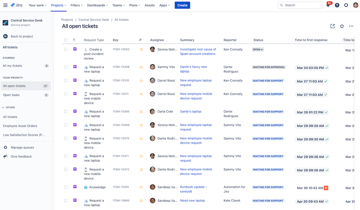 Schermafbeelding van de open tickets van Jira Service Management