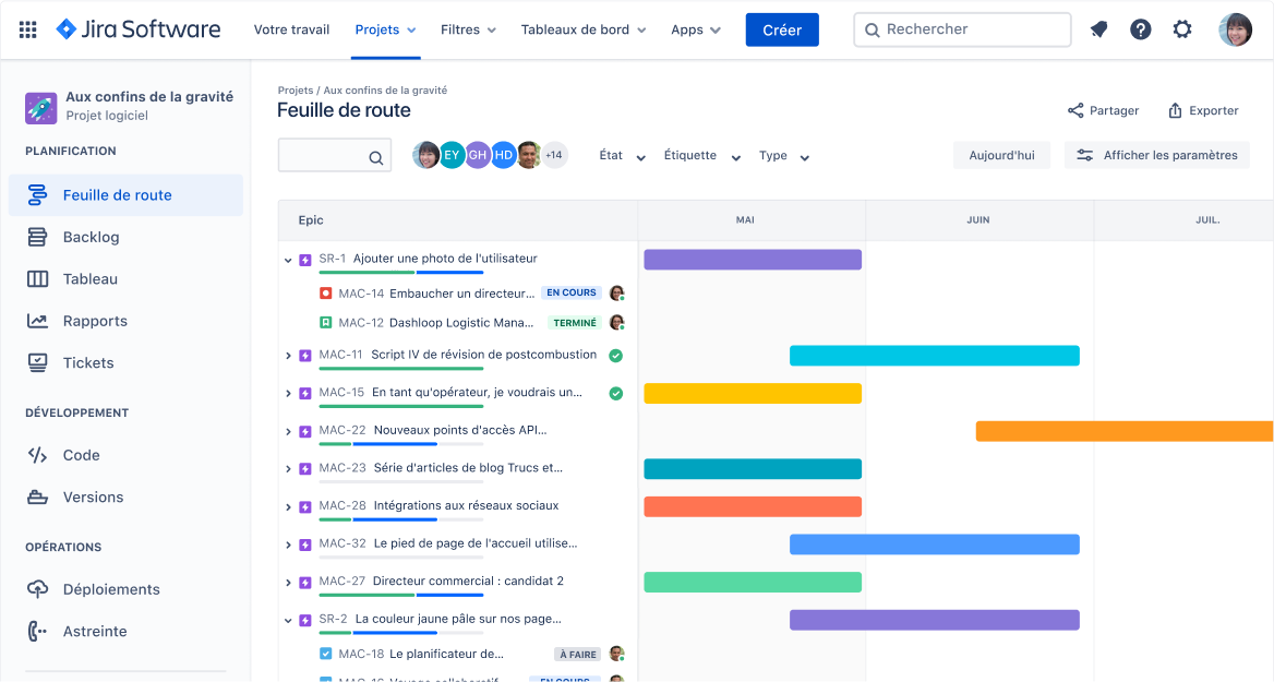 Écran de feuille de route dans Jira Software