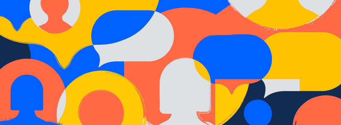 Ilustración colorida de personas con bocadillos de conversación por encima de sus cabezas
