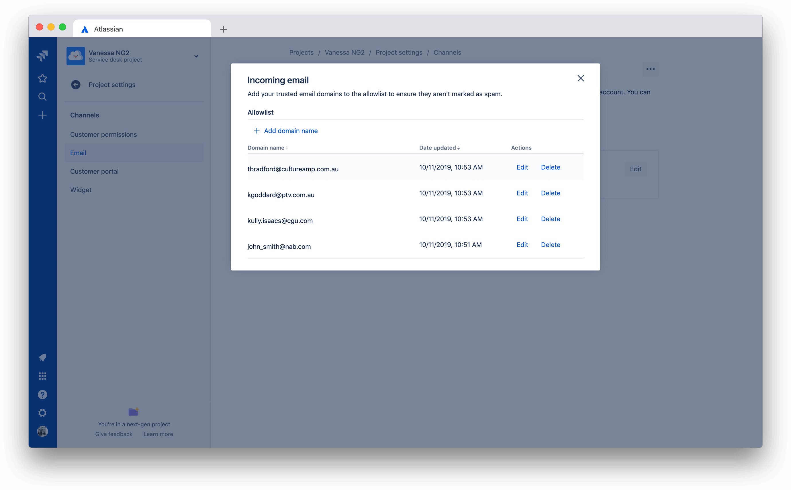 Jira Service Desk email domain selections