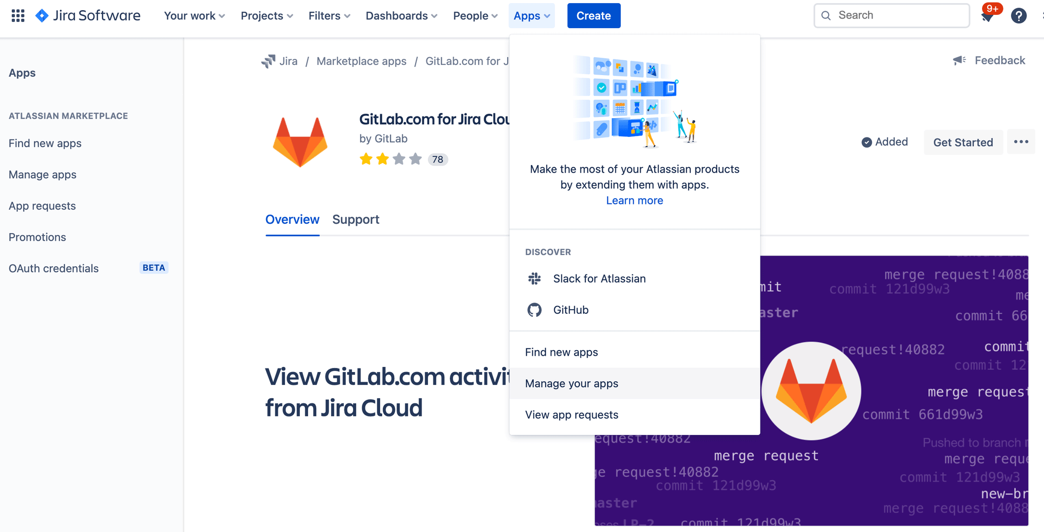 Okno modalne aplikacji GitLab w Jira Software z menu rozwijanym