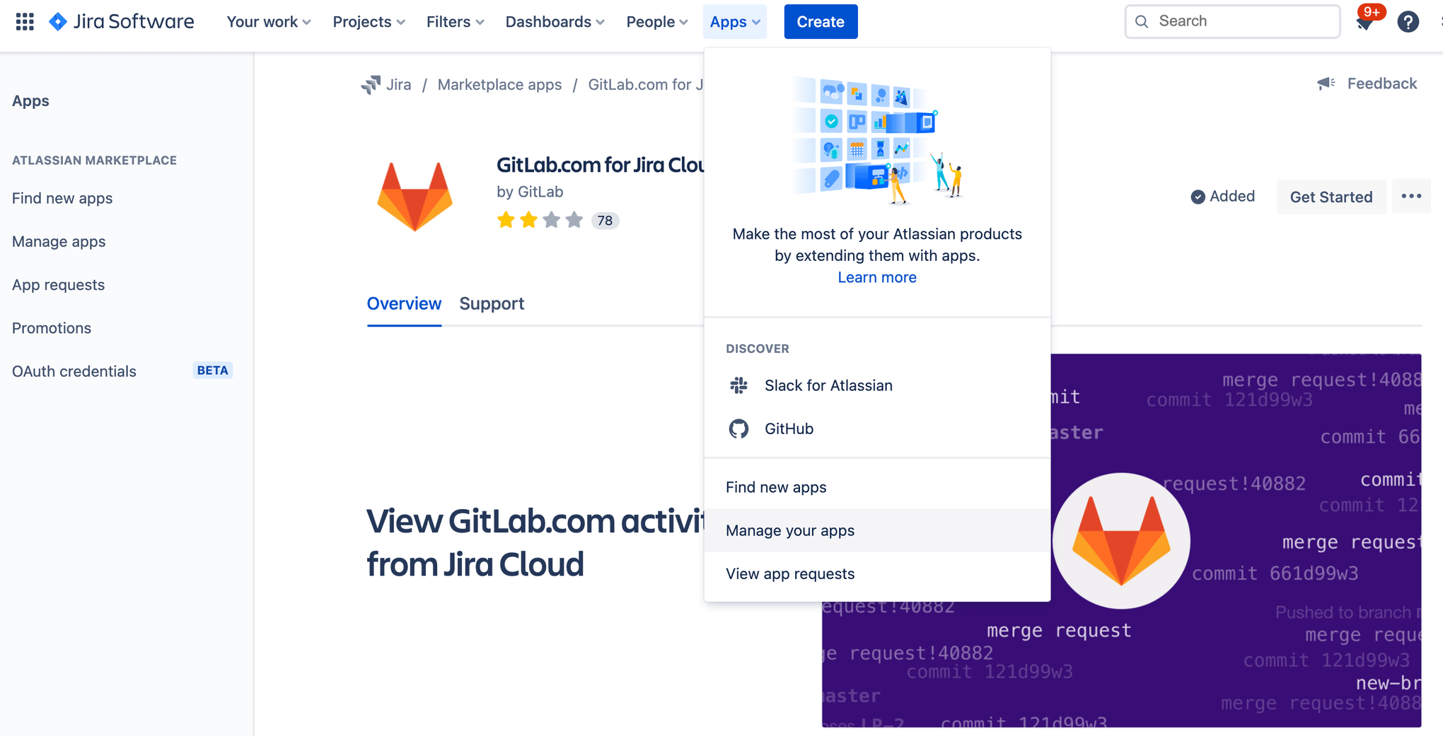 Gitlab-appmodal in Jira Software, met vervolgkeuzemenu