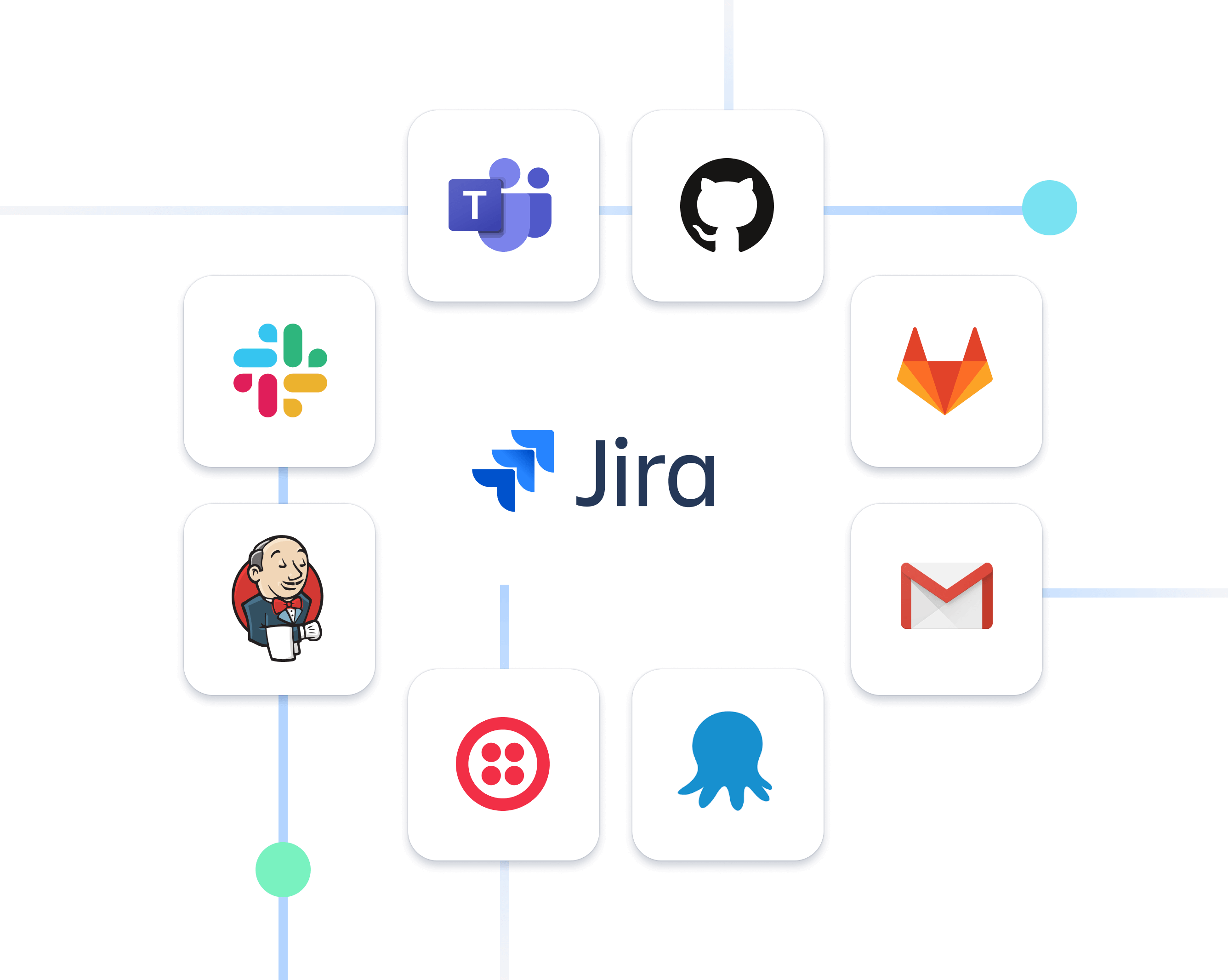 自動化がツールと接続する方法を示している、Slack や Github などのサード パーティ ツールのロゴ