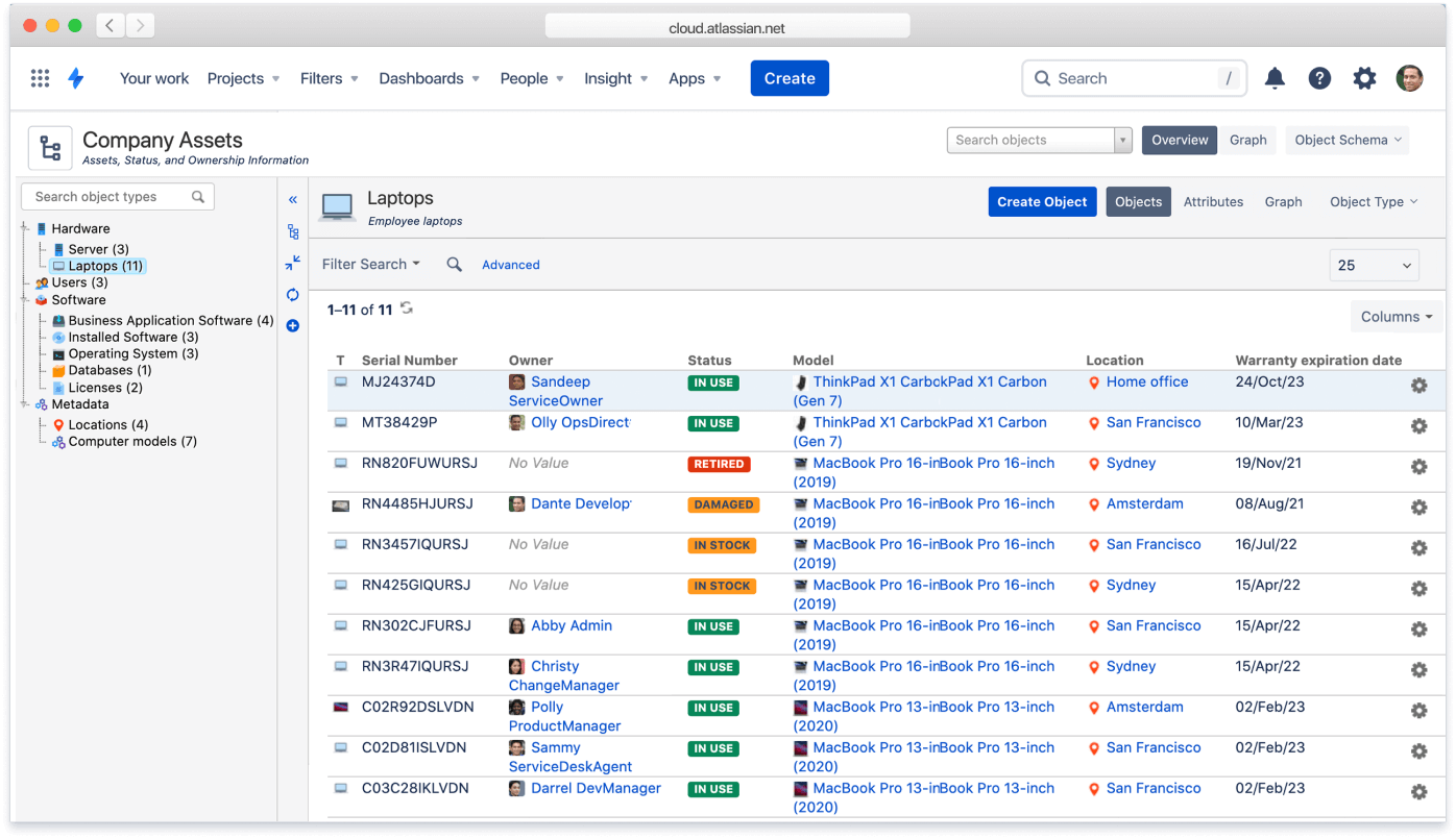 Example of tracking the status of assets in Jira Service Management.