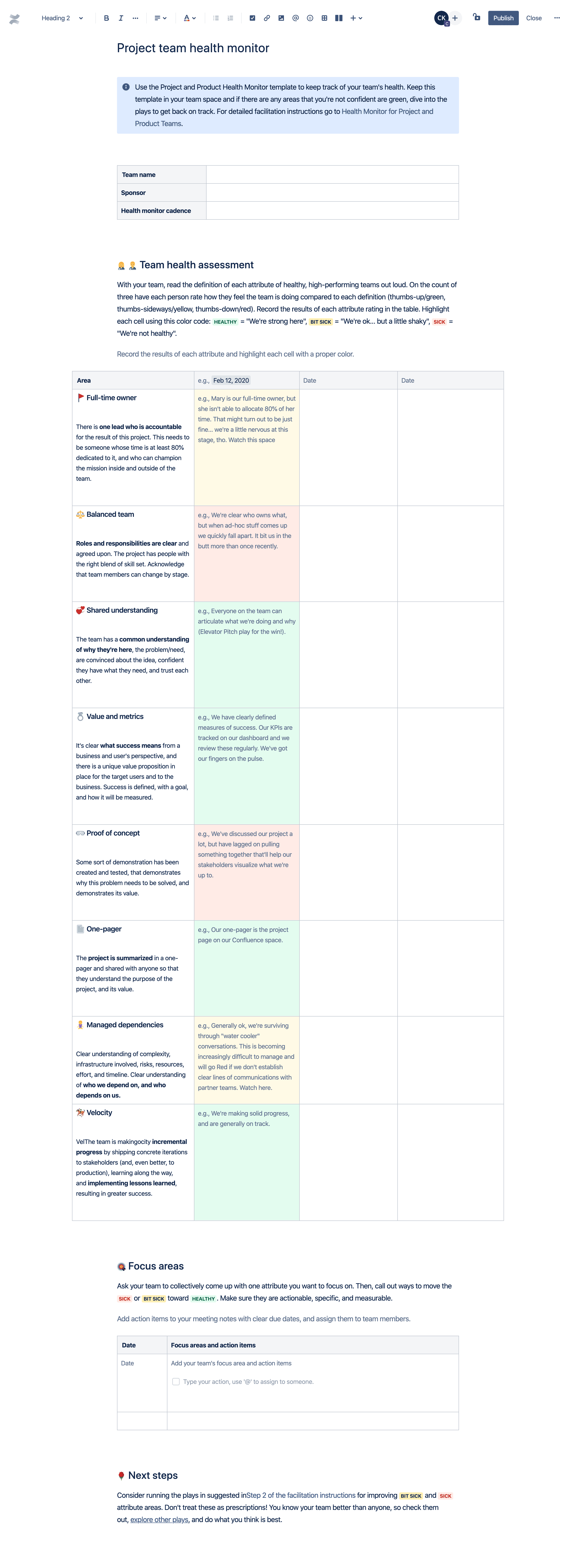 Project team health monitor template