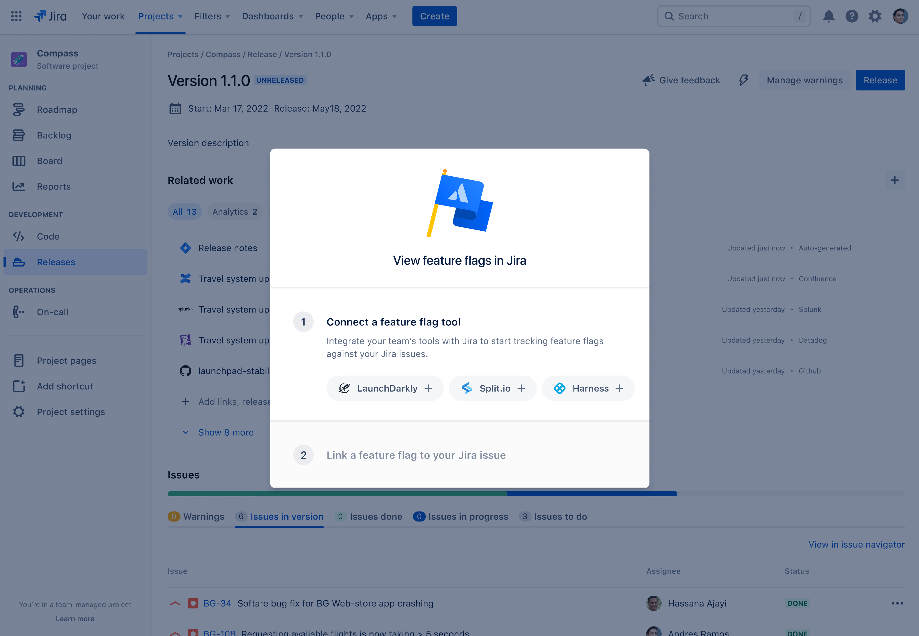 Screenshot: Jira – Anzeige von Feature-Flags in Jira