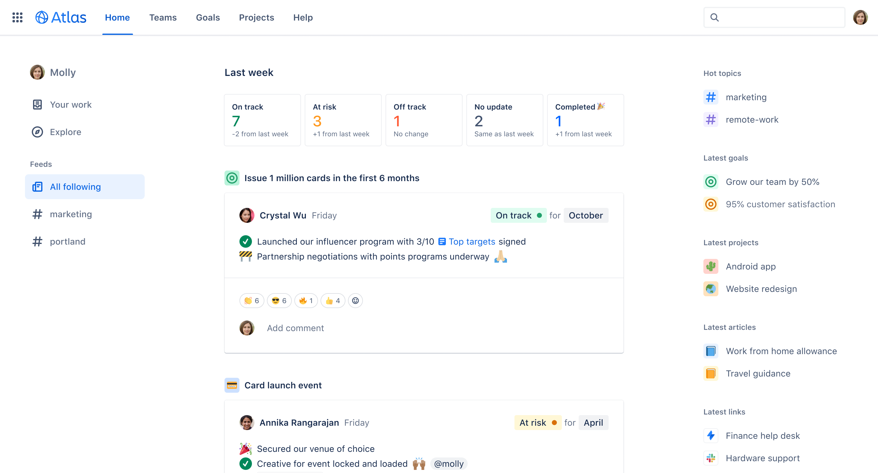 Atlas dashboard view featuring project updates, team goals, and outcome tracking