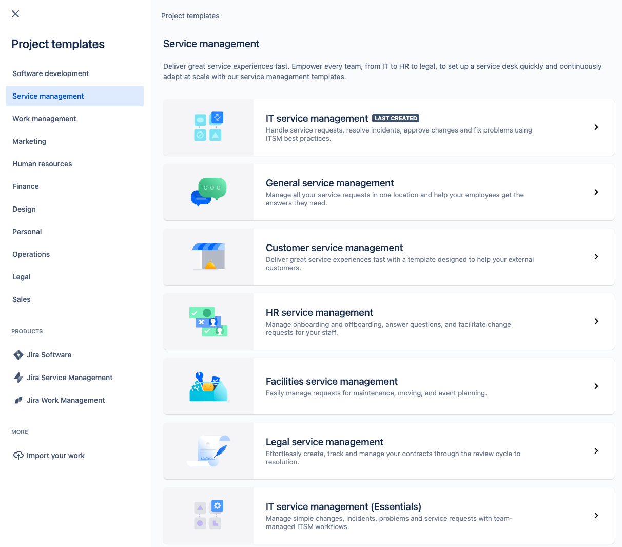 Projektvorlagen für Jira Service Management