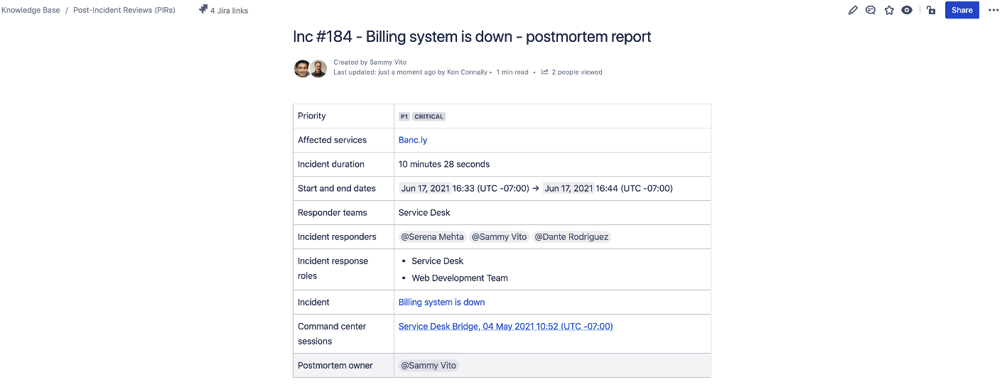 Post-incident review in Confluence