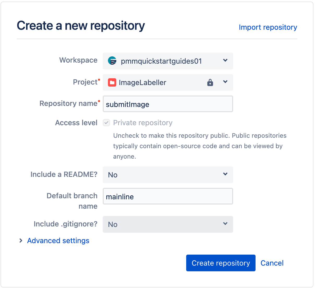 Modale popup modale per la creazione di un nuovo repository in Bitbucket