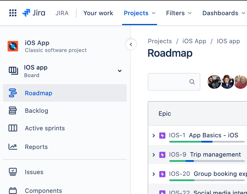 Pestaña Hoja de ruta en la barra lateral de Jira Software