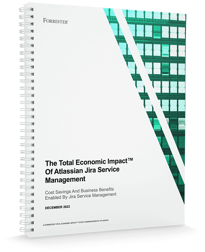 Egy spirálozott jegyzetfüzet borítója a következő címmel: „The Total Economic Impact TM of Atlassian Jira Service Management”