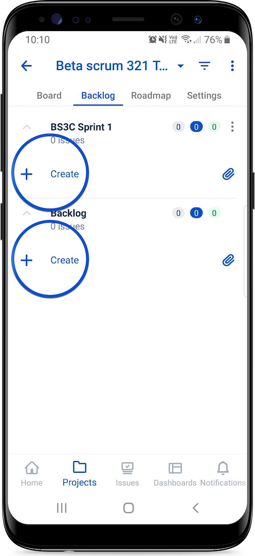 Botões “Criar item” no backlog do Scrum (exemplo mostrado no Android)