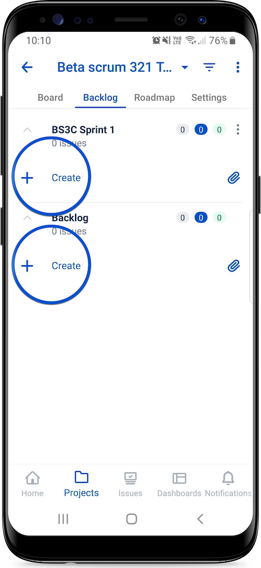 Pulsanti "Crea ticket" in un backlog Scrum (esempio mostrato su Android)