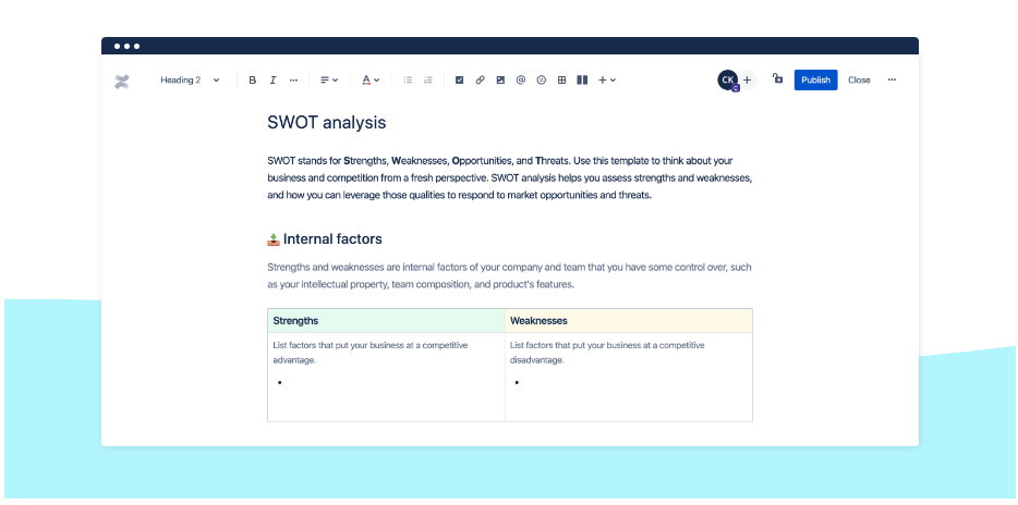 Schermata del modello di analisi SWOT