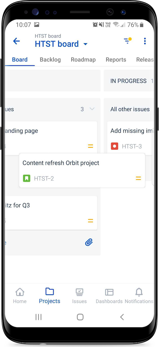 Transitioning an issue on the board (example shown on Android)