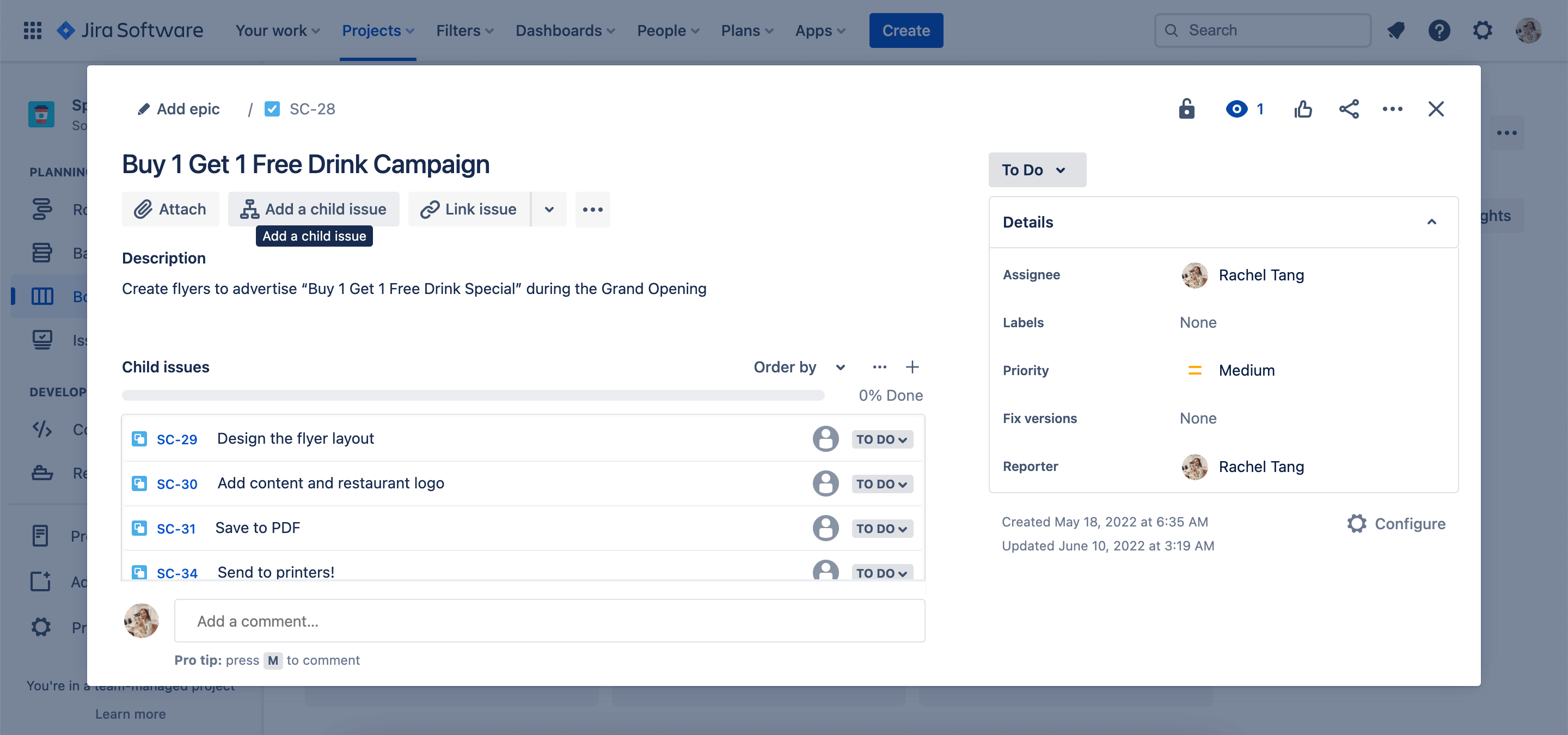 Jira 내의 상위 및 하위 업무 항목