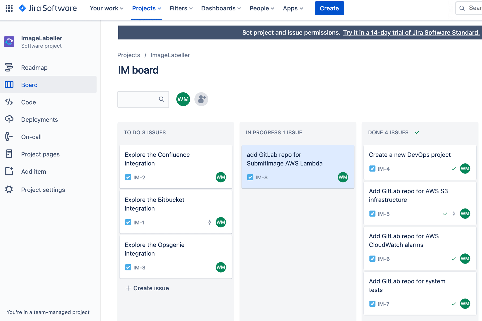 Tablica aplikacji ImageLabeller w Jira Software — wyróżnienie zgłoszenia IM-8 o dodanie repozytorium GitLab dla funkcji AWS Lambda SubmitImage