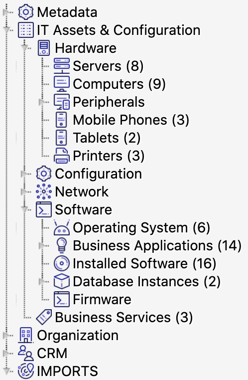 Insight CMDB ナビゲーション ペインには、たとえば、IT アセットからハードウェア、サーバーに至るオブジェクトの階層が表示されます。