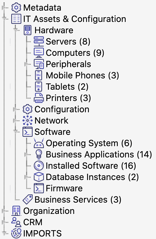 Panel de navegación de la CMDB de Insight con una jerarquía de objetos que va de "Activos de TI" a "Hardware" o "Servidores", por ejemplo.