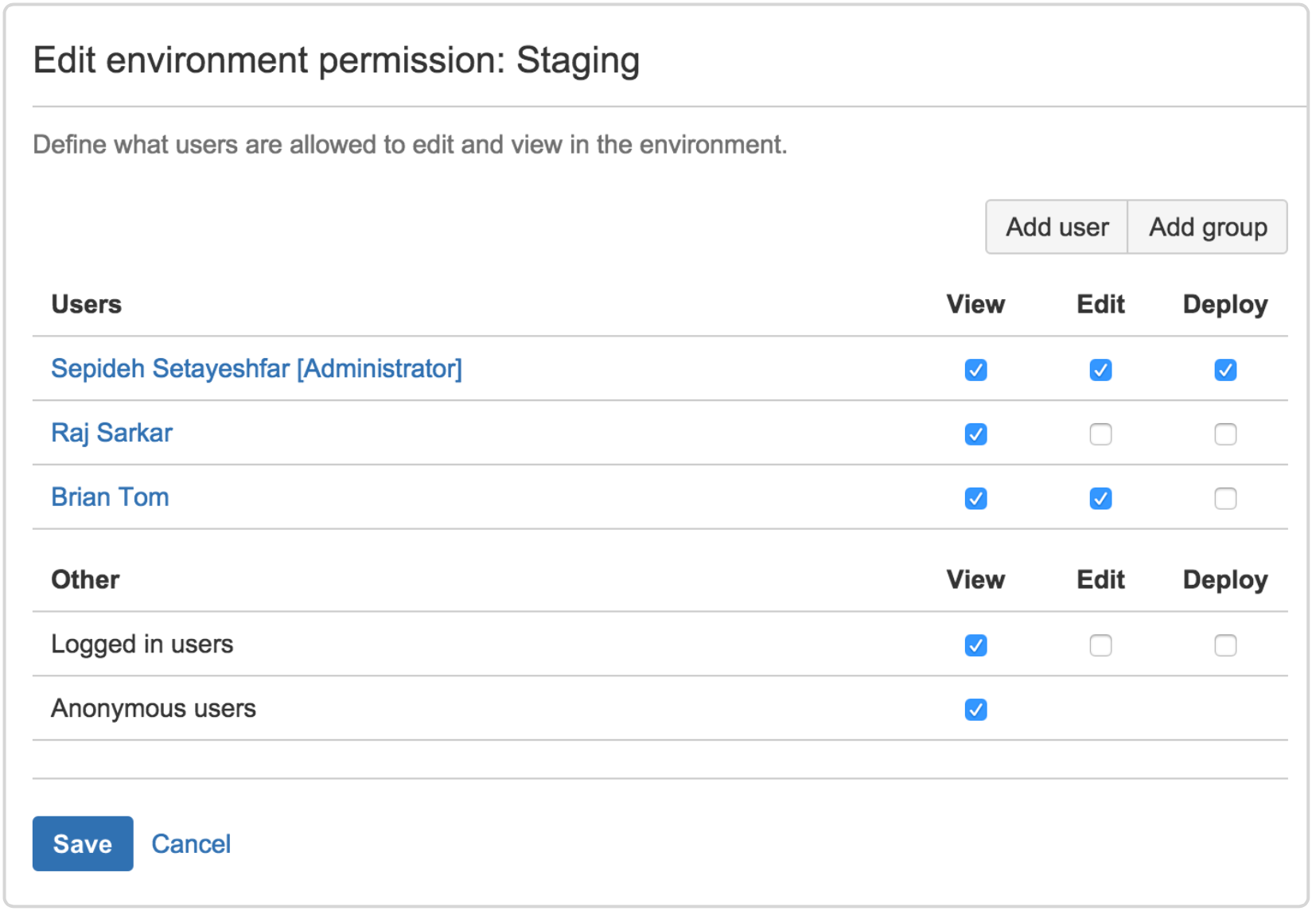 Edit environment permission: staging screenshot