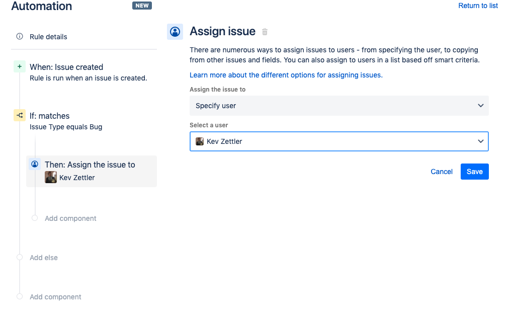 From the Assign issue prompt, select a user to assign bugs to. Click the Save button.