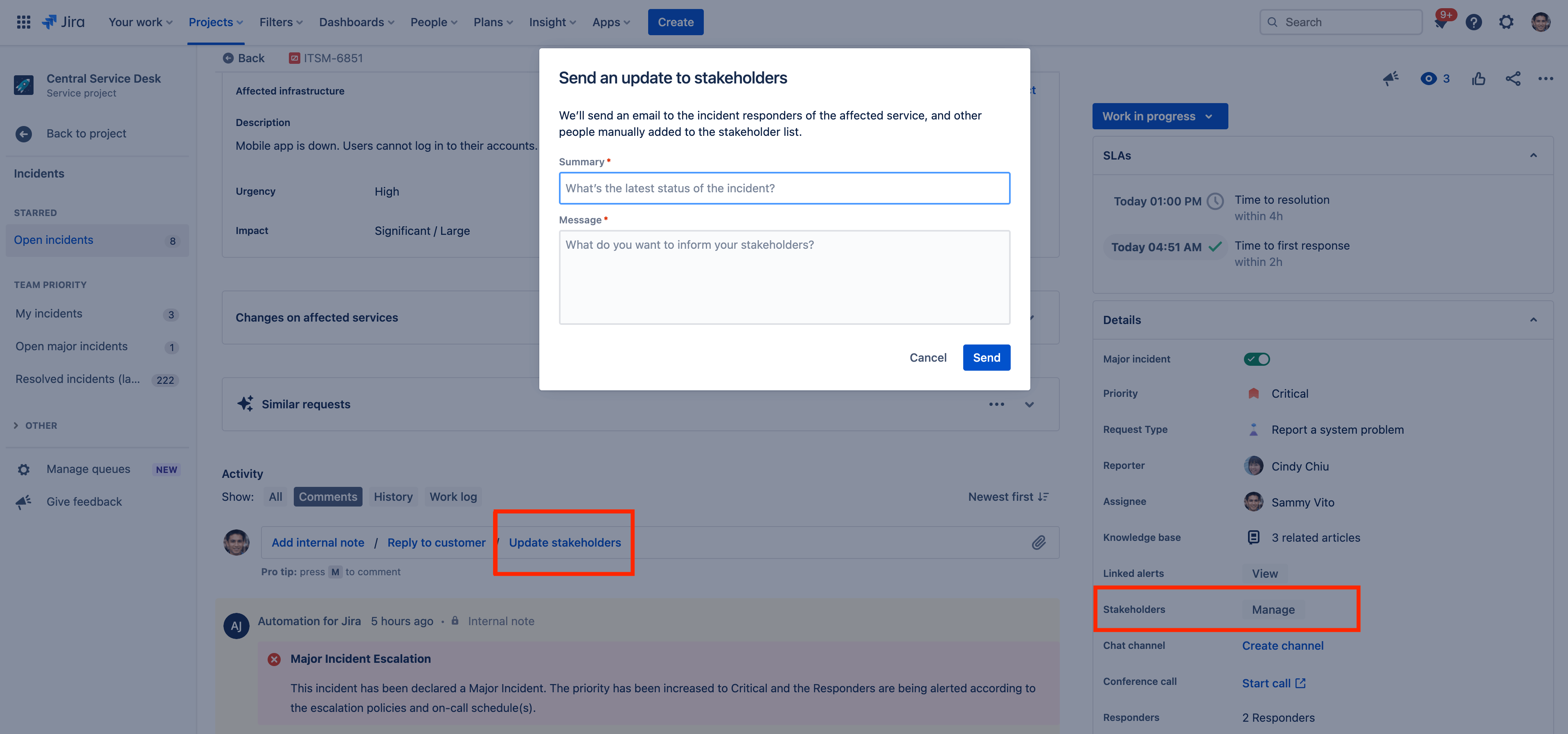 Envoyer des mises à jour d'incident aux parties prenantes internes dans Jira Service Management