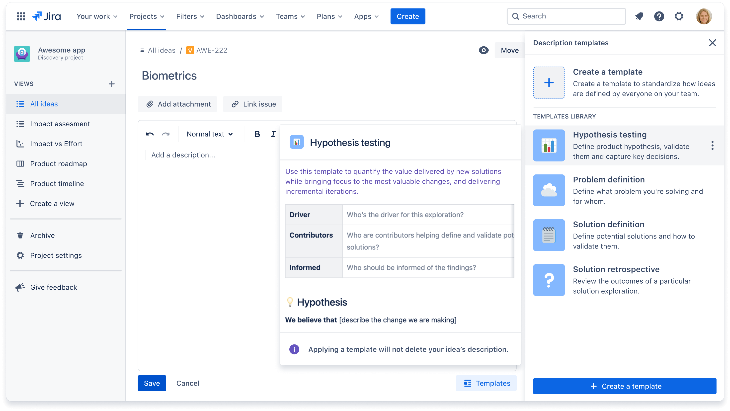 Aperçu des modèles d'idées Jira Product Discovery