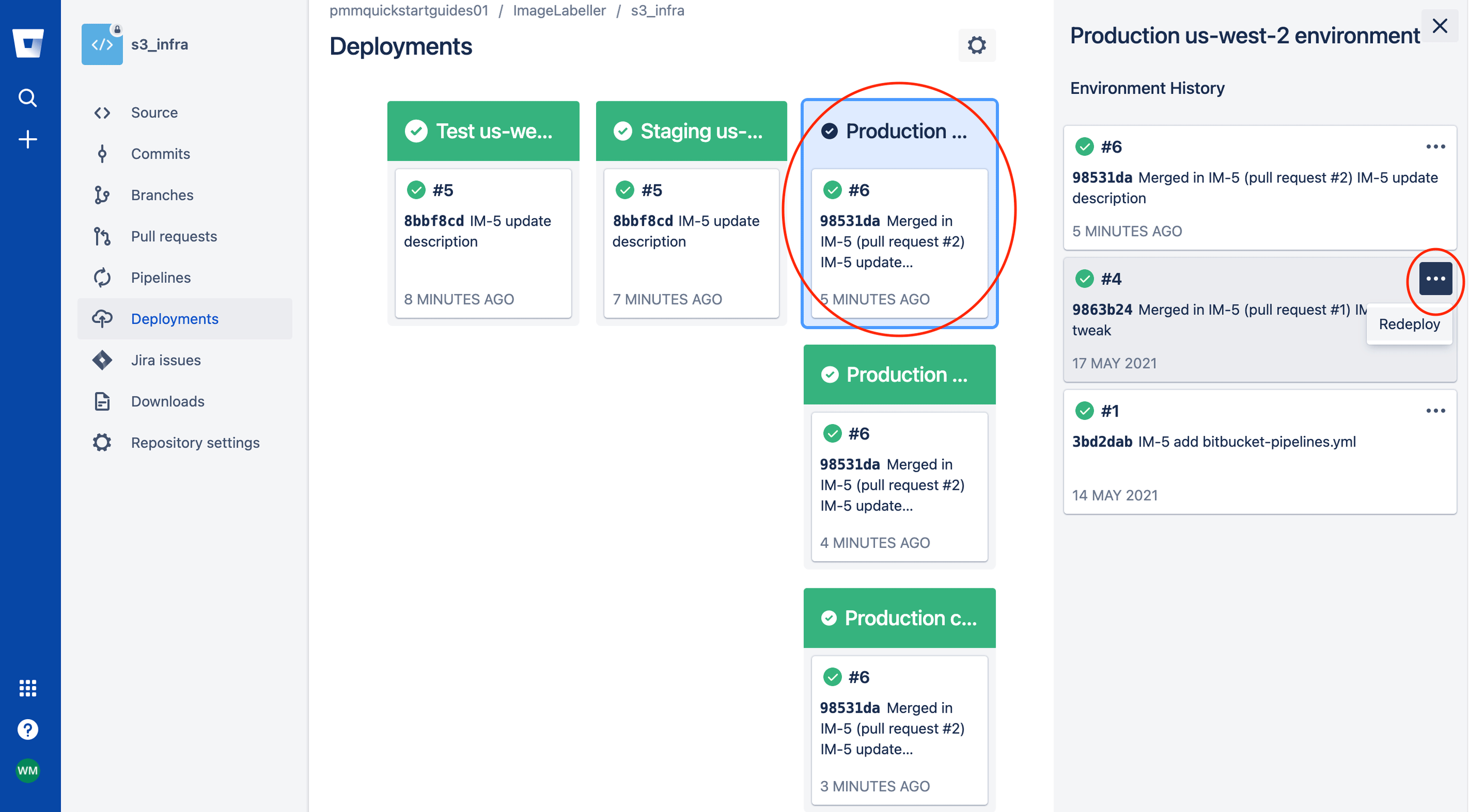 Selecting an environment, then version you want to rollback to in Bitbucket