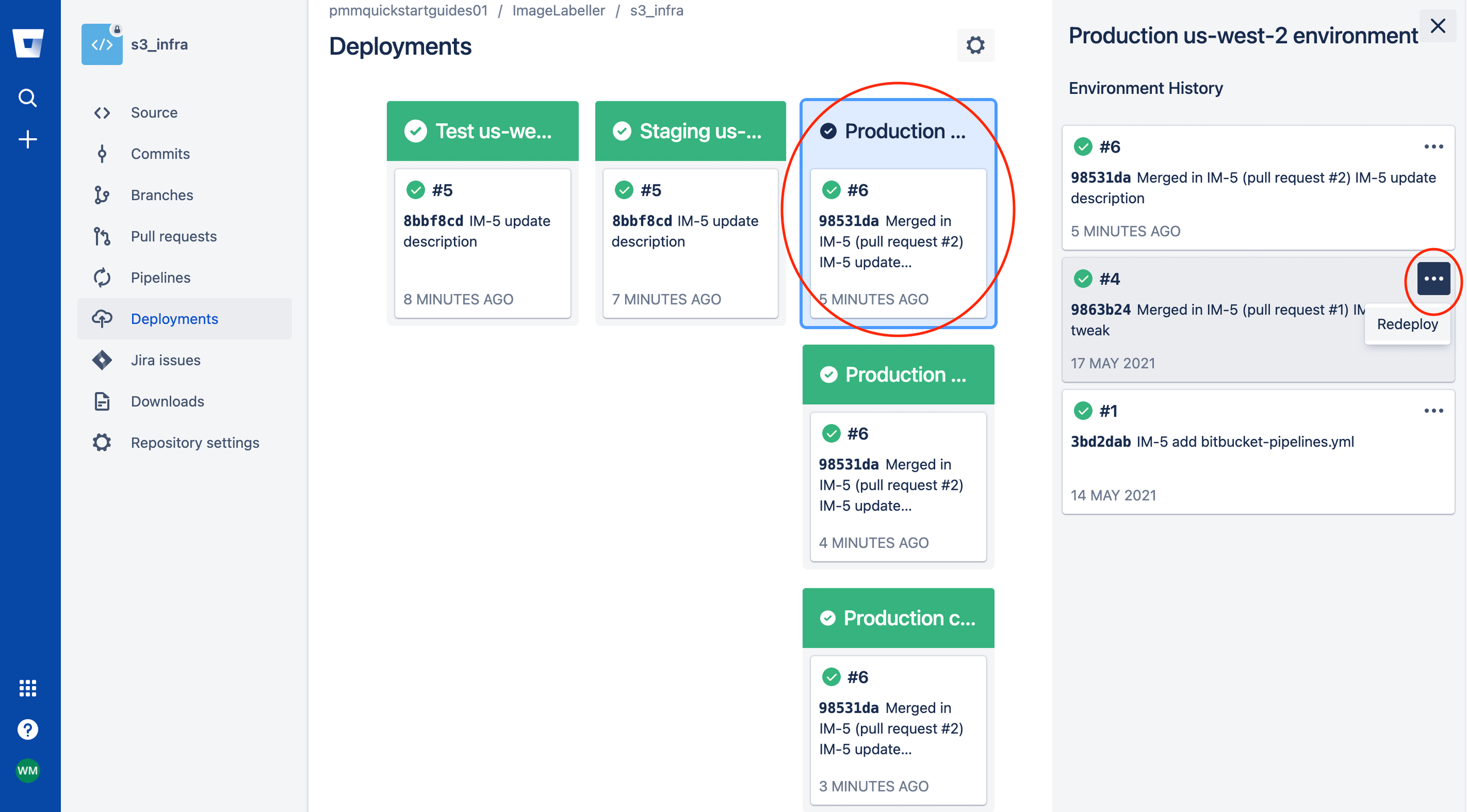 Como selecionar um ambiente e, em seguida, a versão em que você quer fazer rollback no Bitbucket