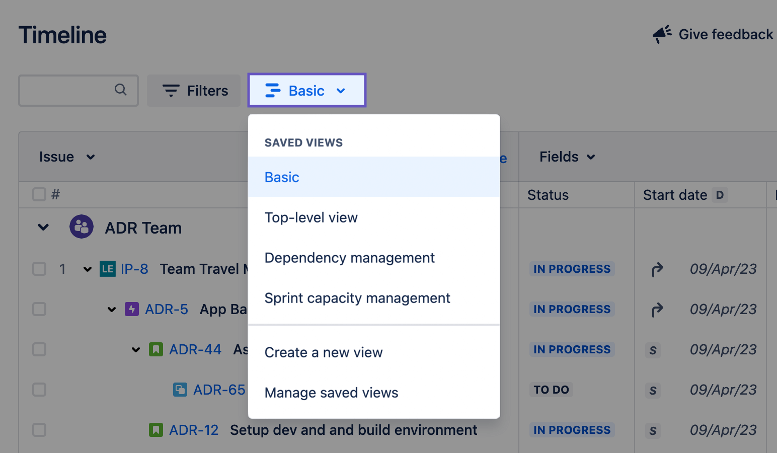 vues enregistrées dans Advanced Roadmaps