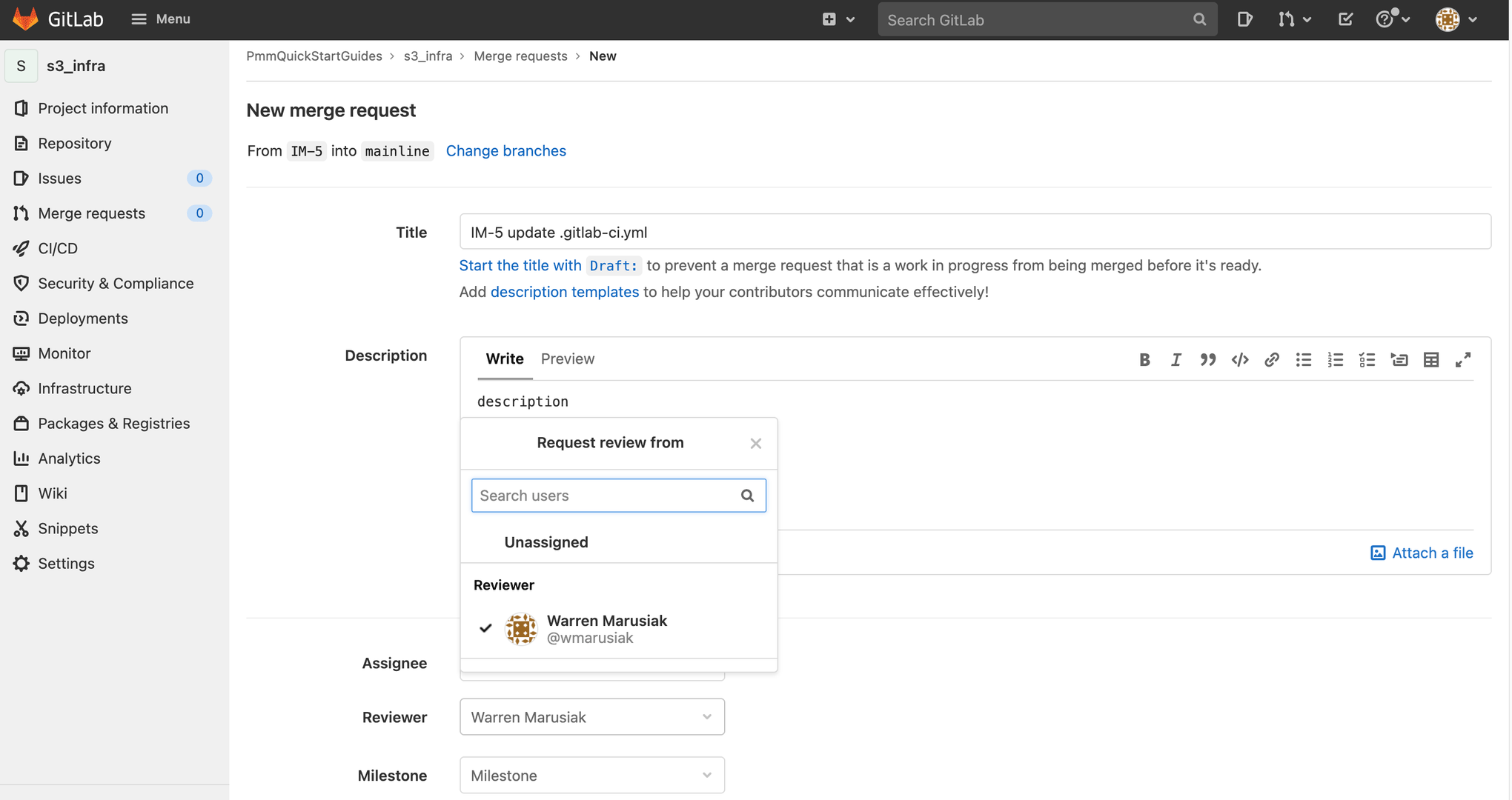 Auswählen eines Prüfers für den Merge-Request in GitLab