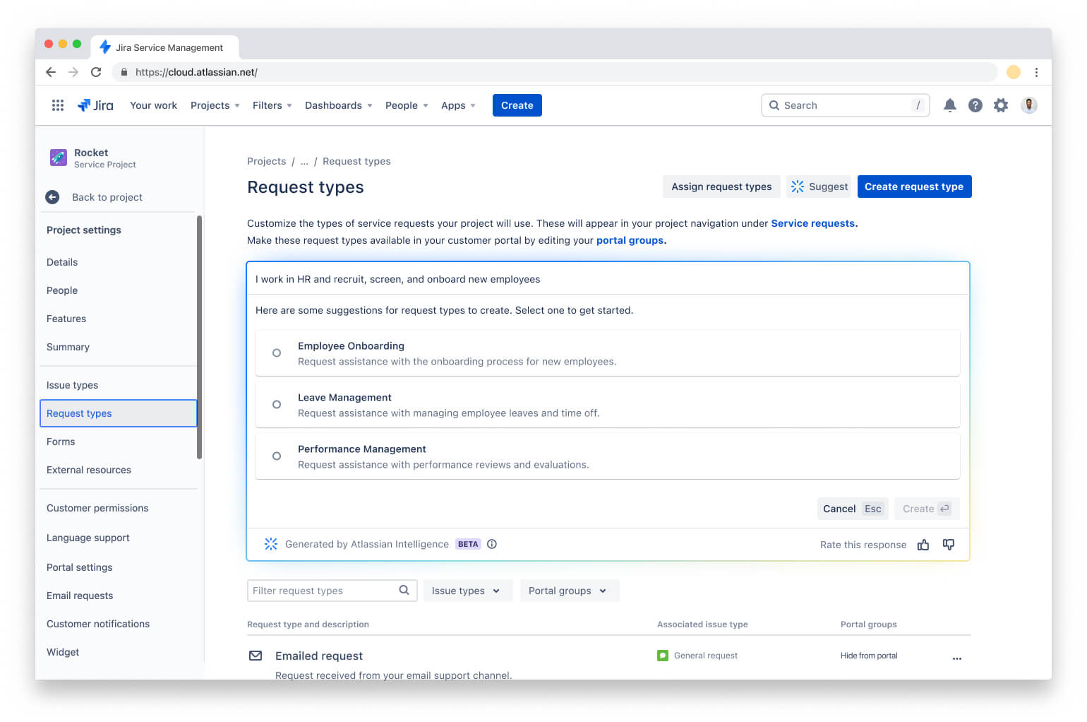 снимок экрана: приглашение команды использовать Jira Service Management