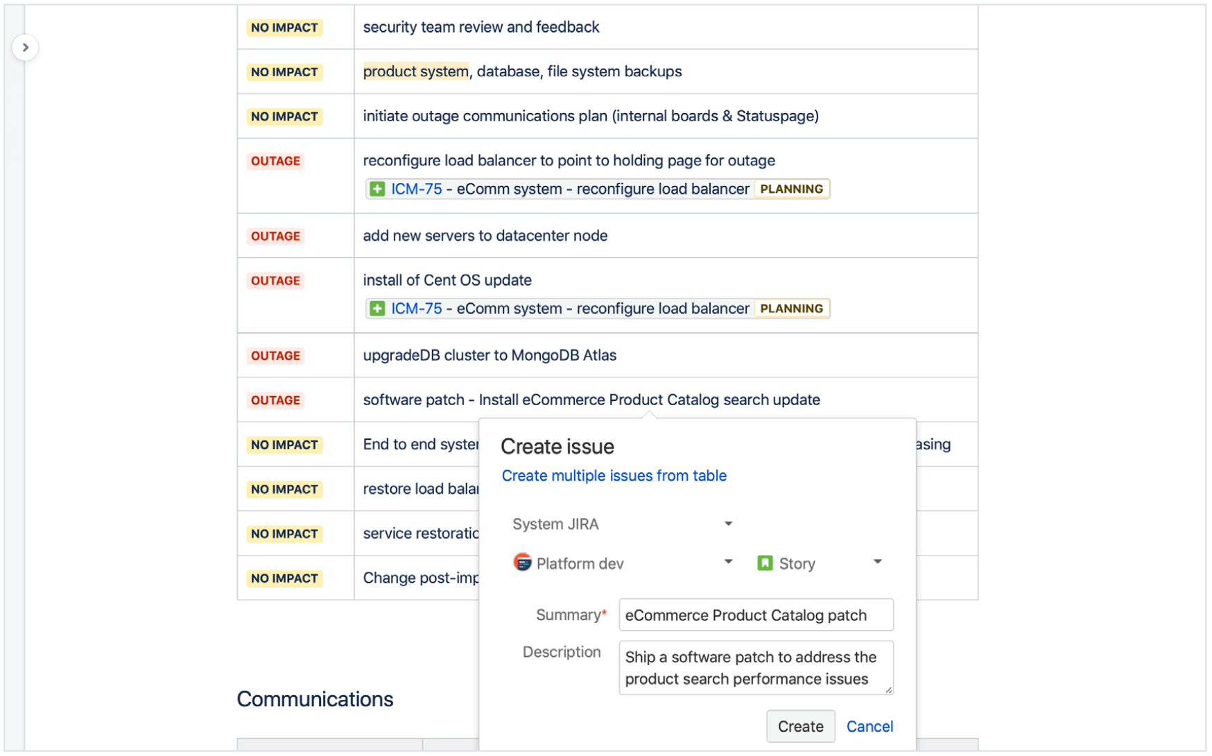 Breaking down a major change into smaller tasks and pre-changes in Jira Service management