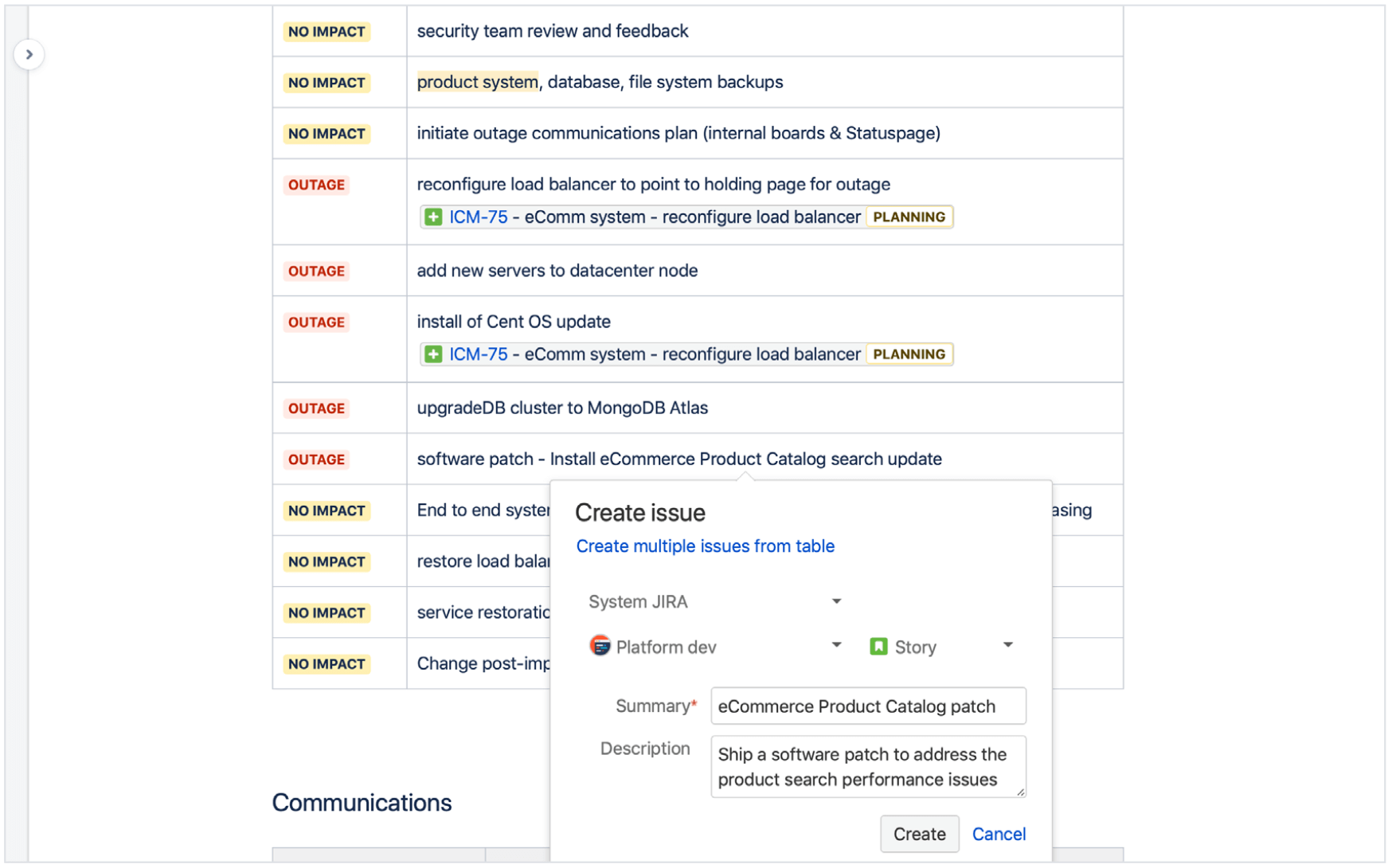 Jira Service Management で大きな変更を小さなタスクと事前変更に分割する