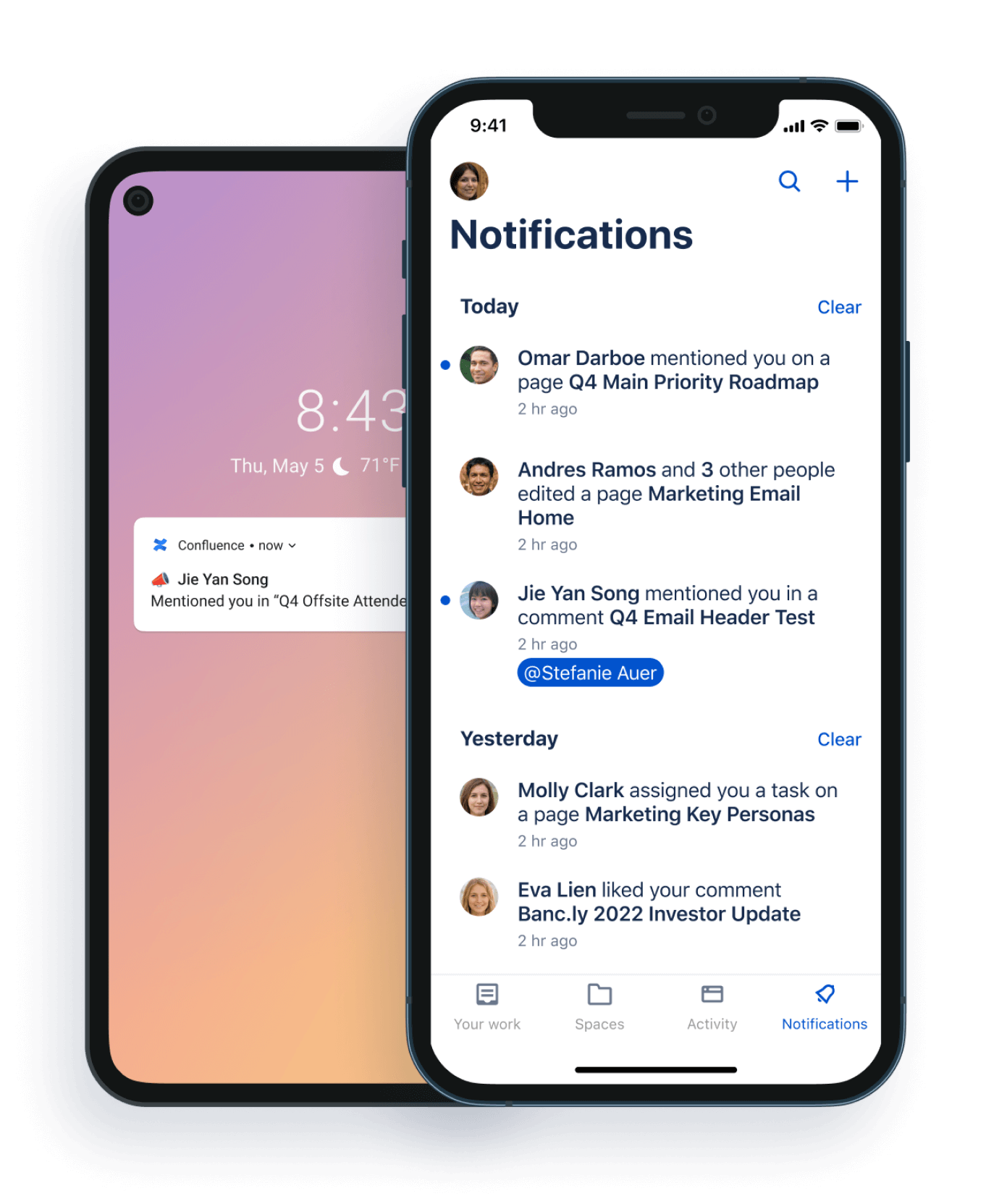 Exemple d'écran de notifications dans Confluence Mobile