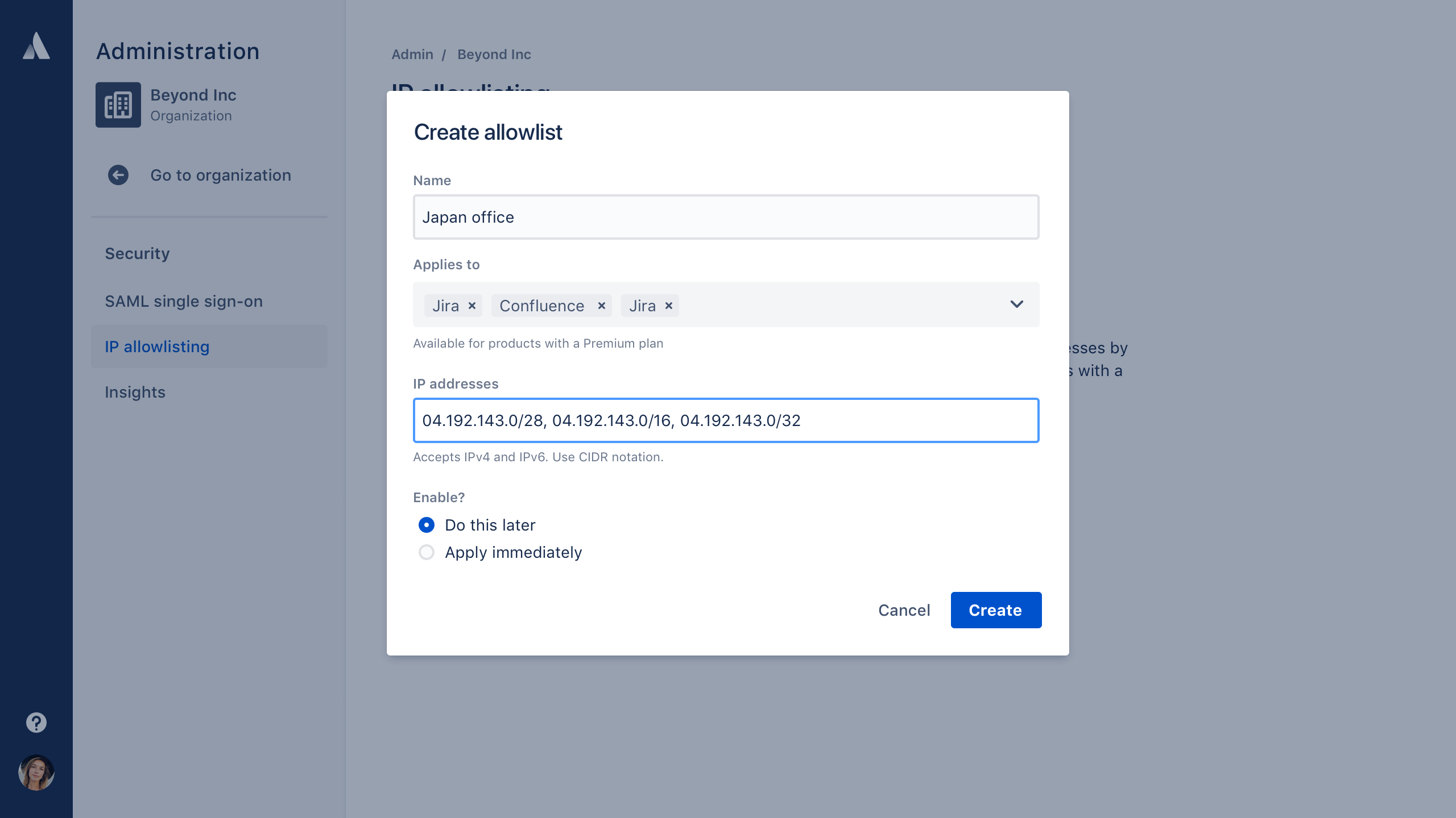 Capture d'écran de la liste verte des IP