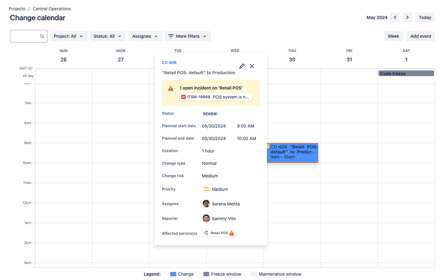 Change calendar showing one scheduled change with a highlighted conflict