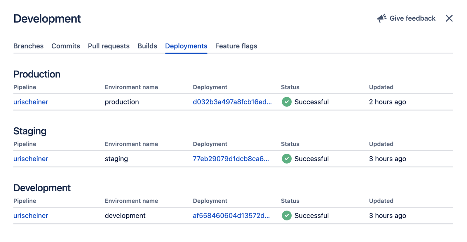 Deployment-Verlauf und -Status des Tickets