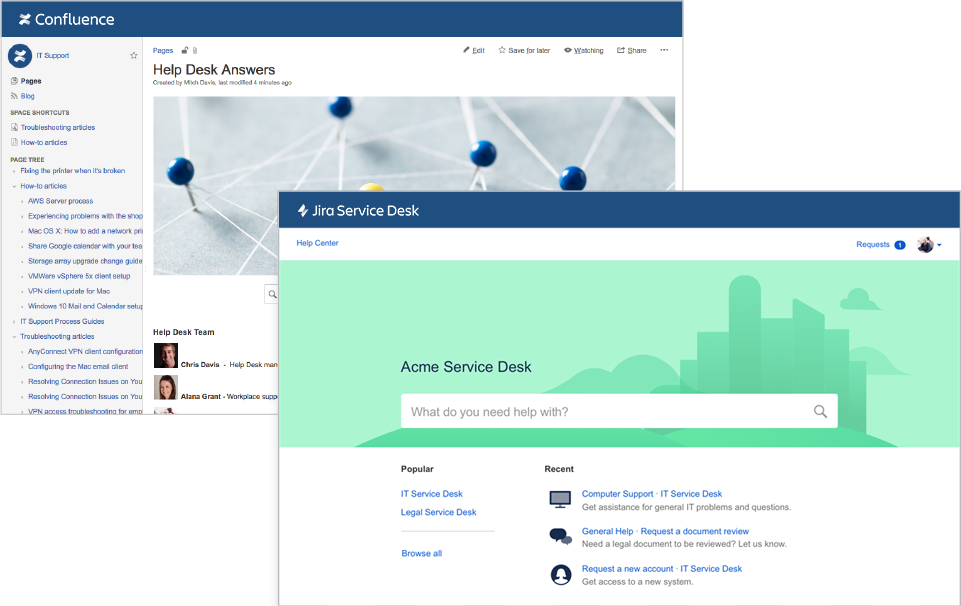 Képernyőképek a Confluence és a Jira Service Desk oldaláról